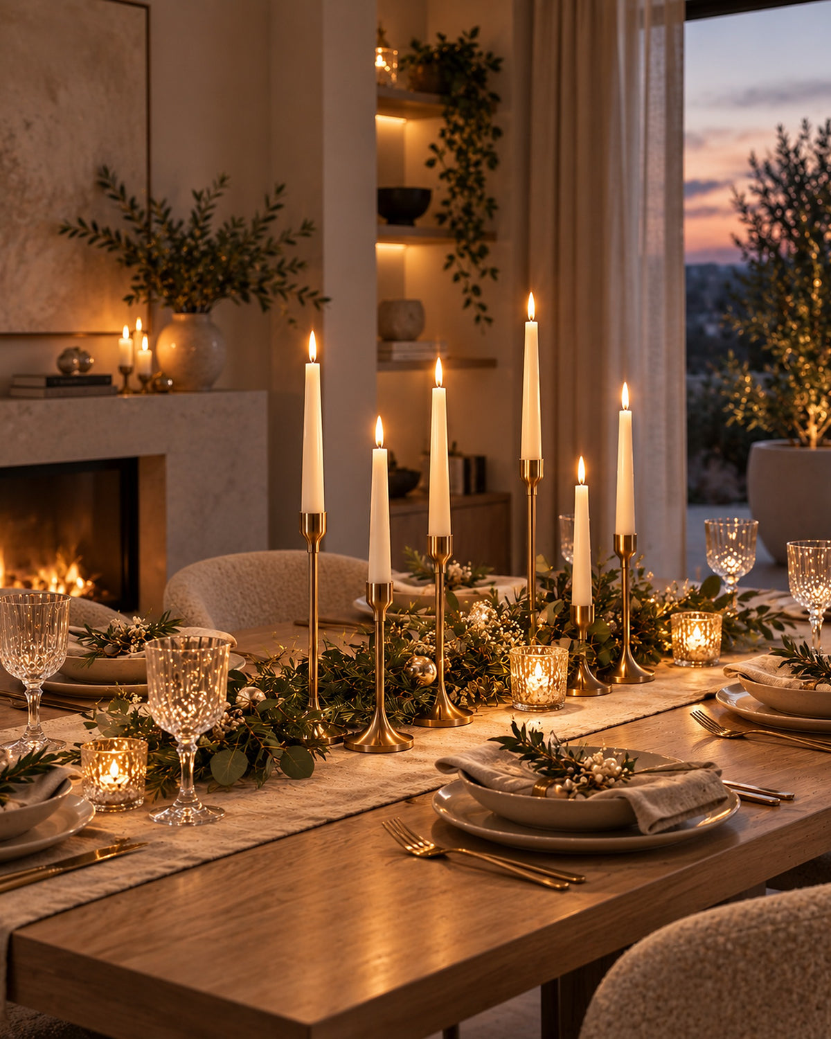 Ivory flameless LED taper candles glowing along a holiday dinner table beside a fireplace