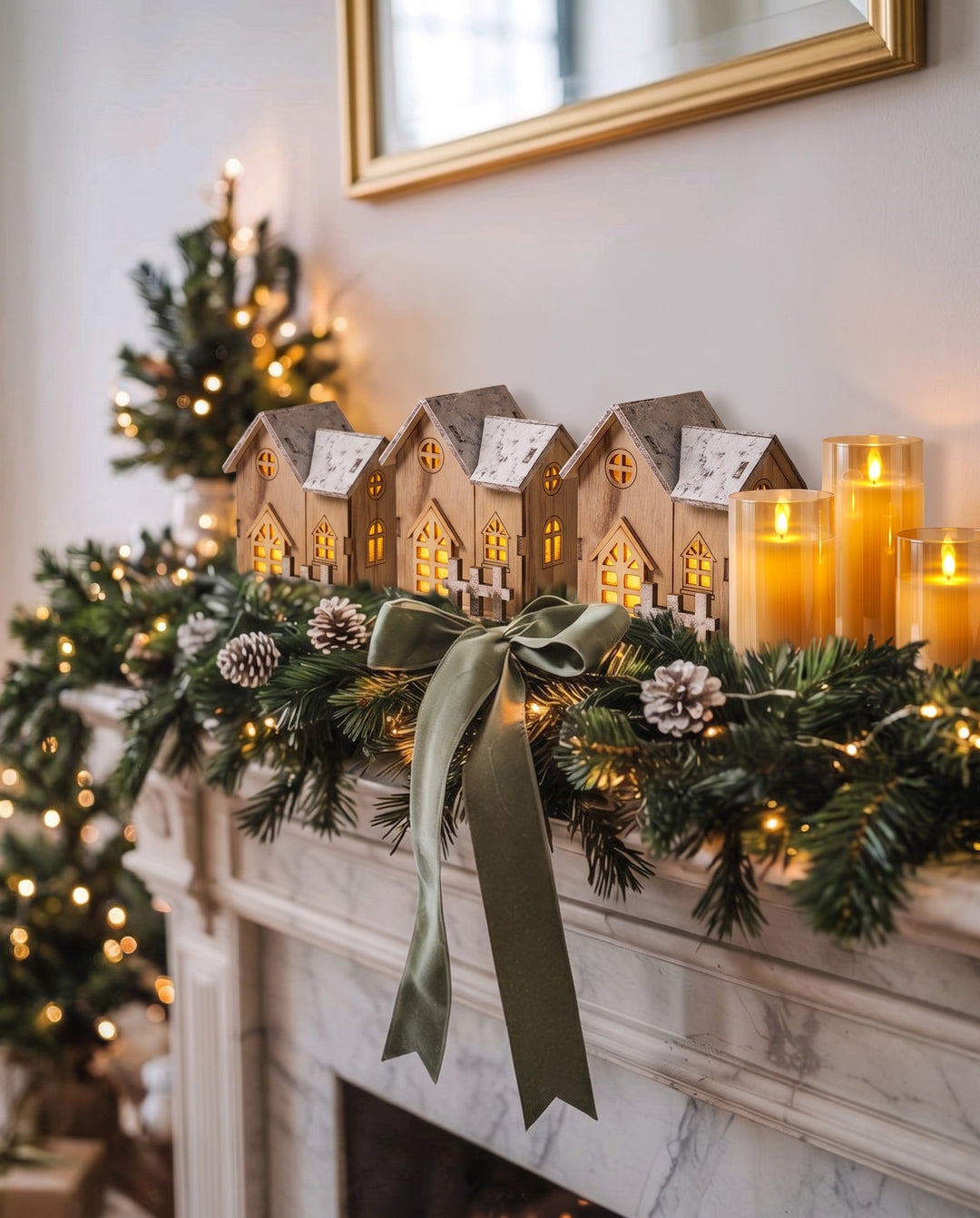 Christmas mantel with a pine garland, a green velvet bow, glowing wooden LED houses and flameless candles