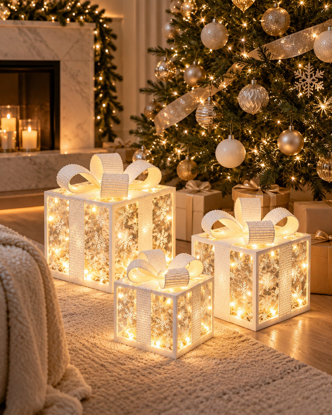 Set of 3 white illuminated gift boxes with snowflakes glowing under a Christmas tree