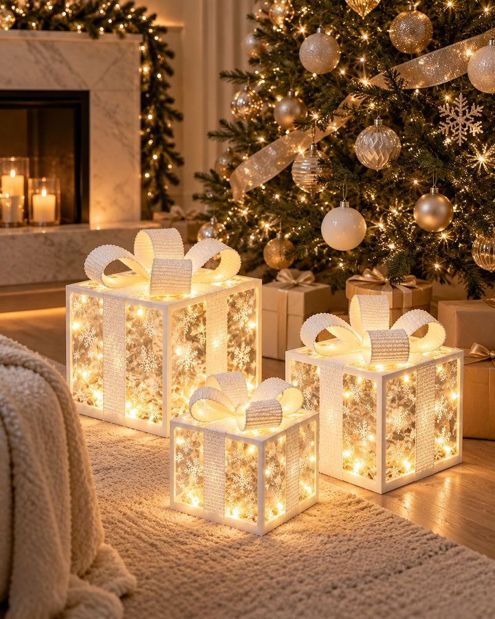 Set of 3 white illuminated gift boxes with snowflakes glowing under a Christmas tree