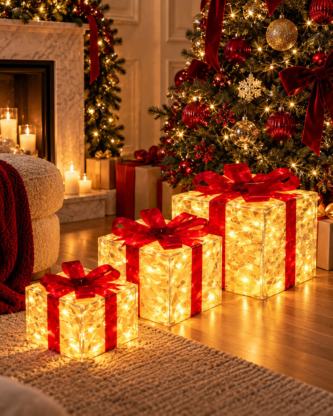 Set of 3 illuminated gift boxes with red bows glowing beside a Christmas tree