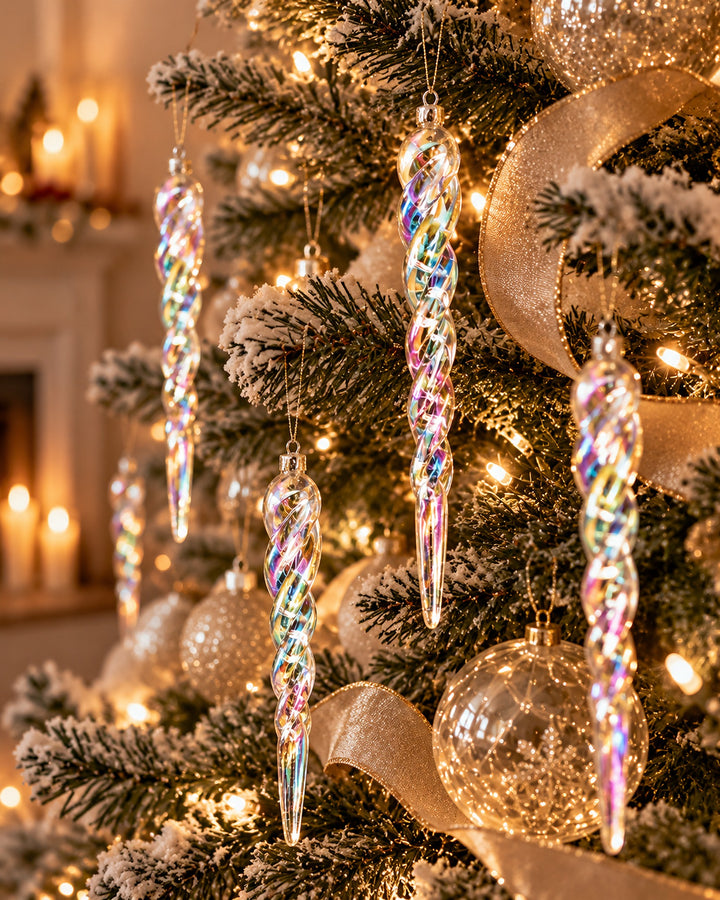 Iridescent twisted icicle ornaments hanging on a lit Christmas tree, close-up