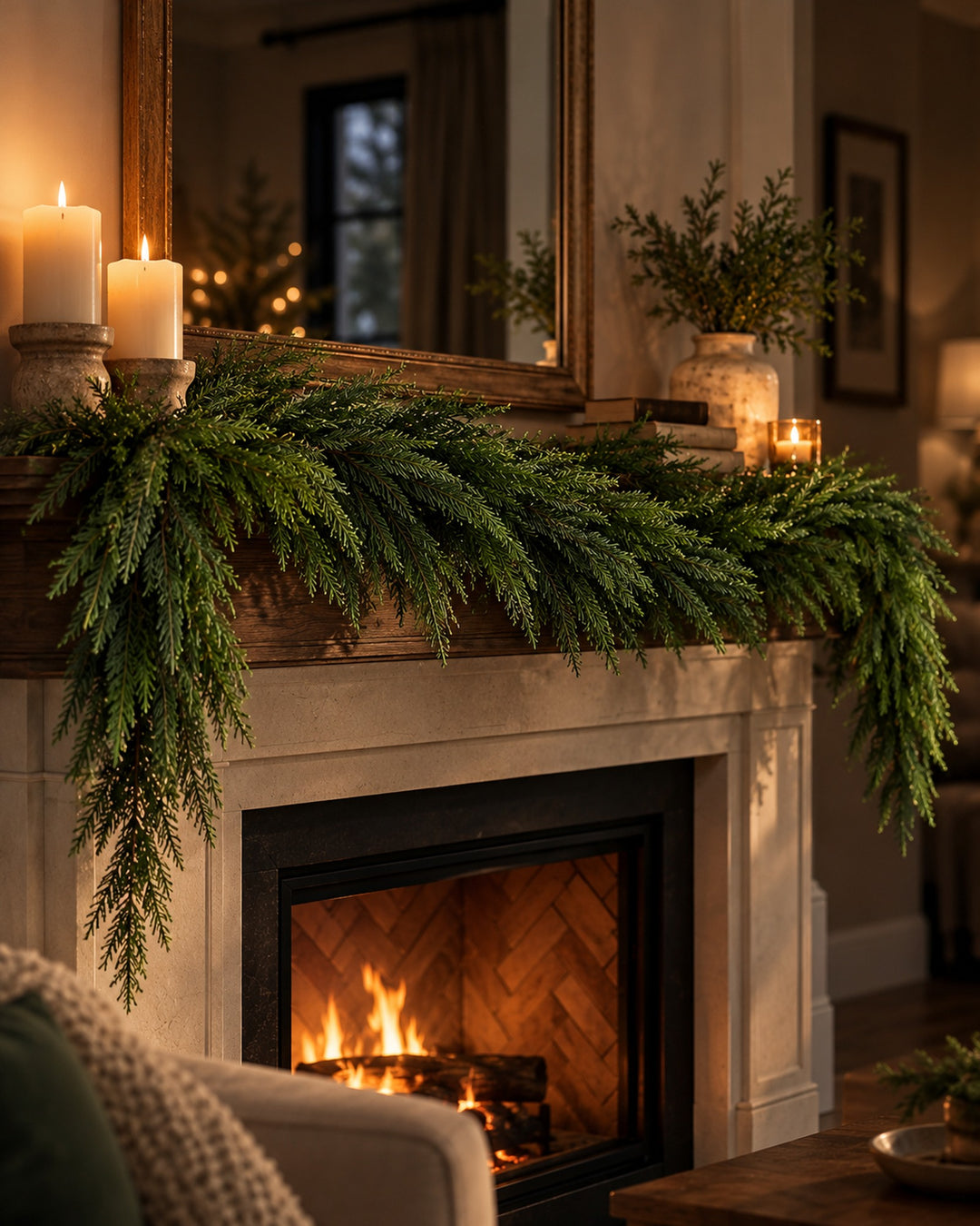 Norfolk pine garland draped on a fireplace mantel with candles