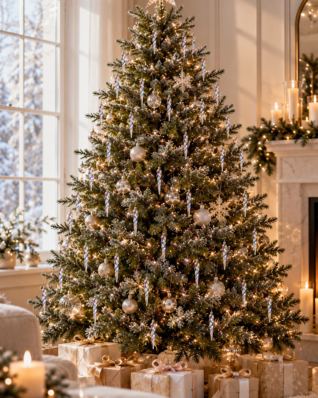 Flocked Christmas tree with iridescent icicle ornaments and wrapped gifts
