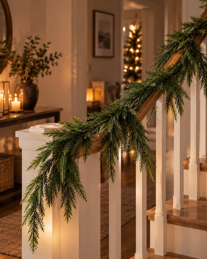 Norfolk pine garland wrapped along a white staircase banister
