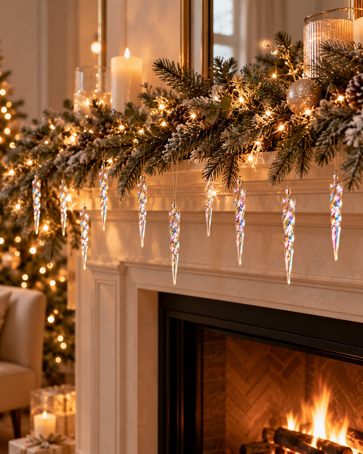 Iridescent icicle ornaments hanging from a garland on a fireplace mantel