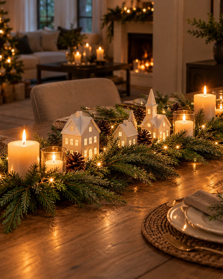 Norfolk pine garland as a table runner with candles and little white houses