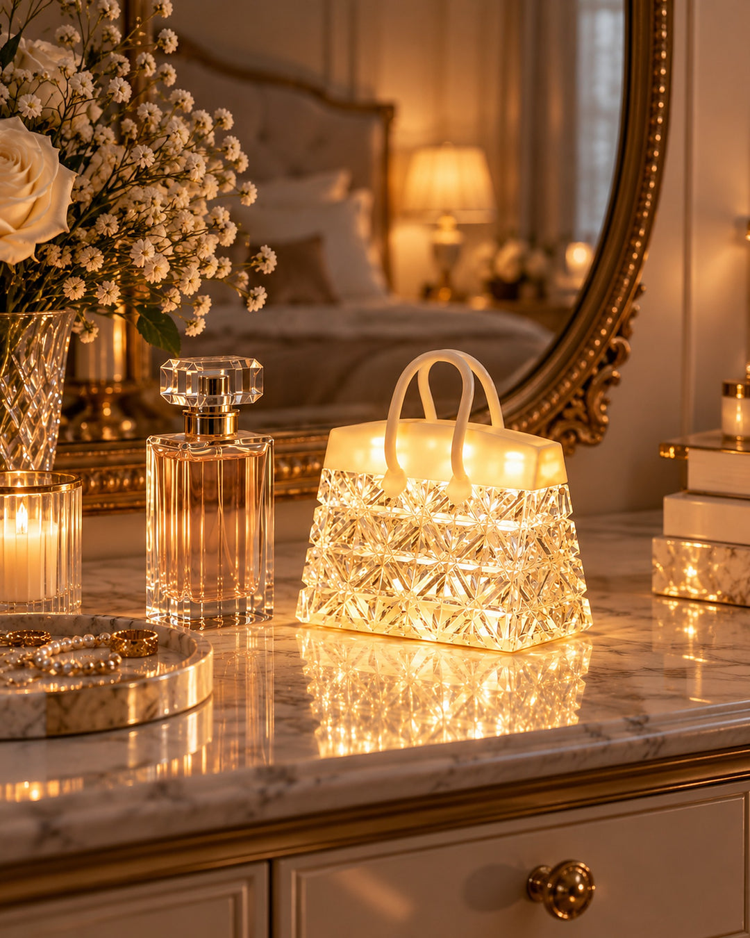 Handbag night light glowing on a marble dressing table beside a perfume bottle