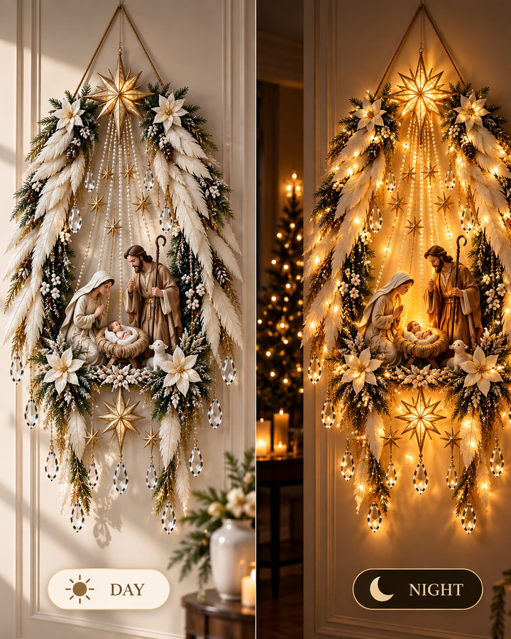 Nativity wall decor by day and lit at night, side by side