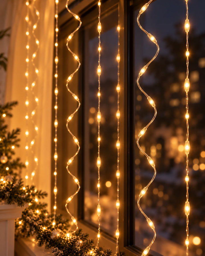 Copper wire curtain lights glowing warm white in front of a window at night, close-up