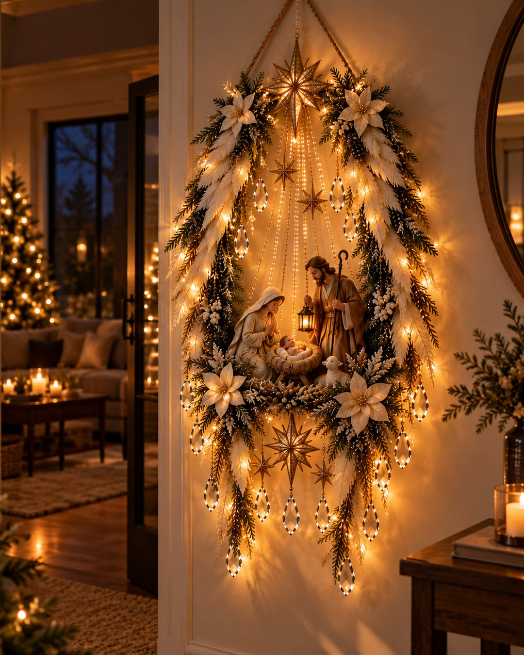 Lighted nativity wall decor with pampas and stars glowing warm white in a hallway