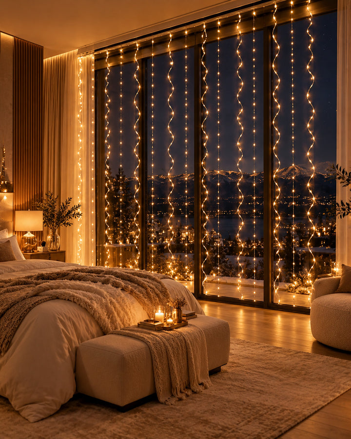 Copper wire curtain lights across a bedroom window at night