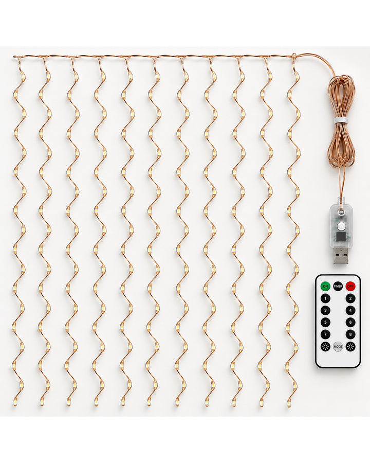 Copper wire curtain lights with USB plug and remote control on a white background
