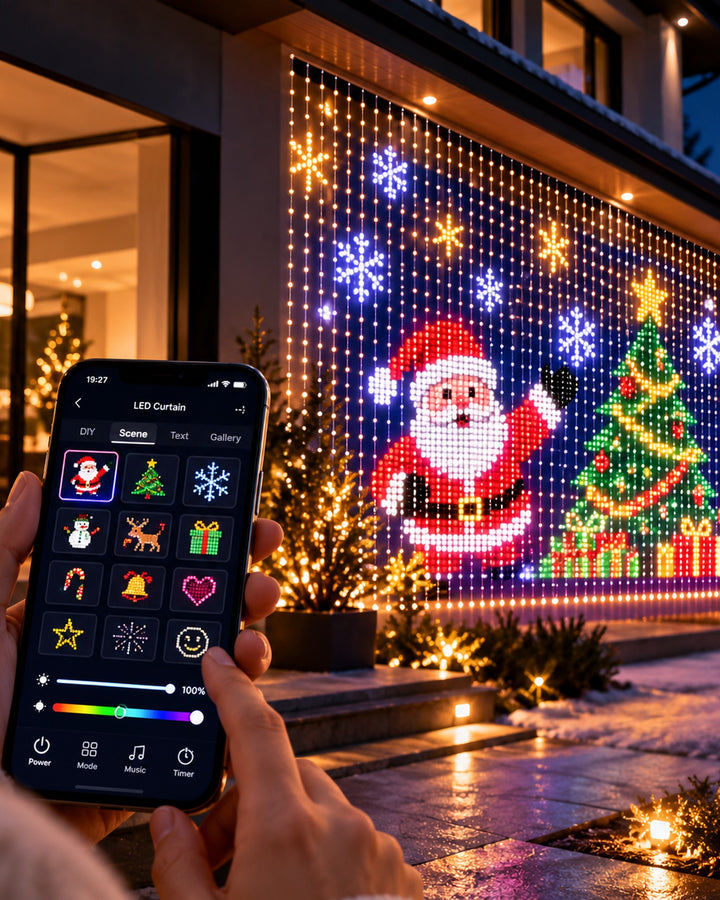 Hand holding a phone app controlling smart LED curtain lights with Christmas patterns