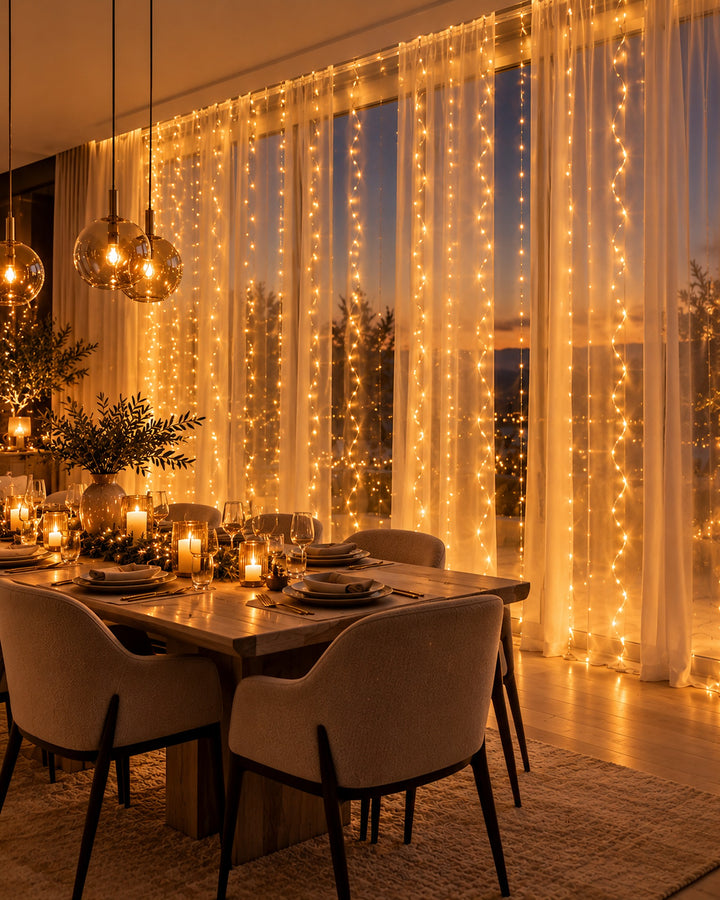 Copper wire curtain lights glowing behind sheer curtains in a dining room