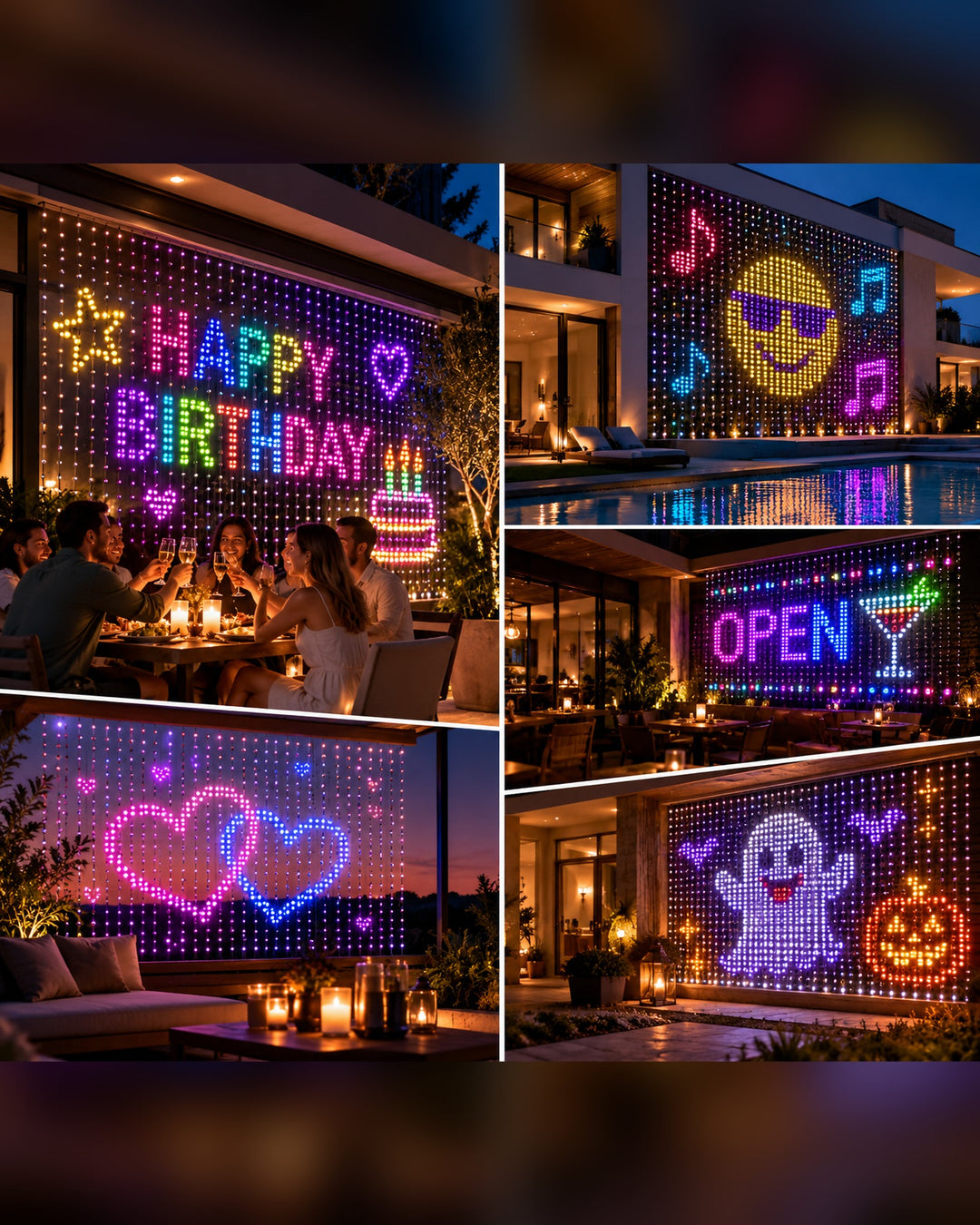 Smart LED curtain lights showing birthday, party, heart and Halloween patterns in different settings