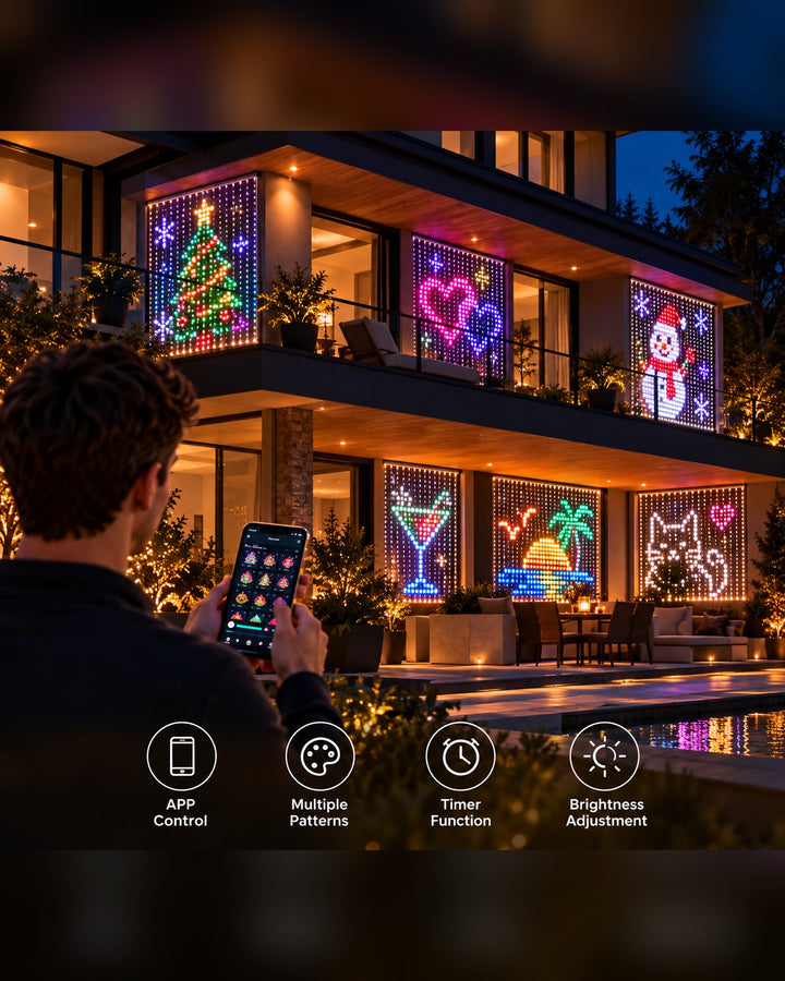Smart LED curtain lights on a house facade controlled from a phone app, with app control, patterns, timer and brightness