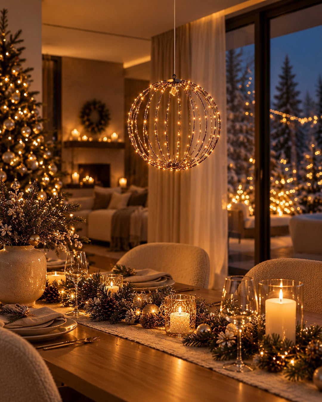 LED metal globe light hanging above a festive dining table