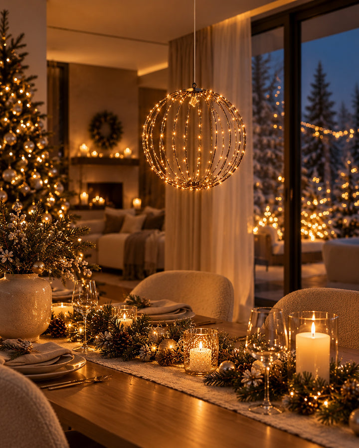 LED metal globe light hanging above a festive dining table