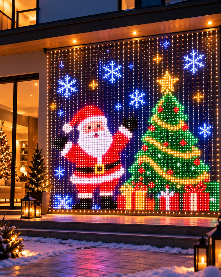 Smart LED curtain lights showing Santa and a Christmas tree on a house facade at night