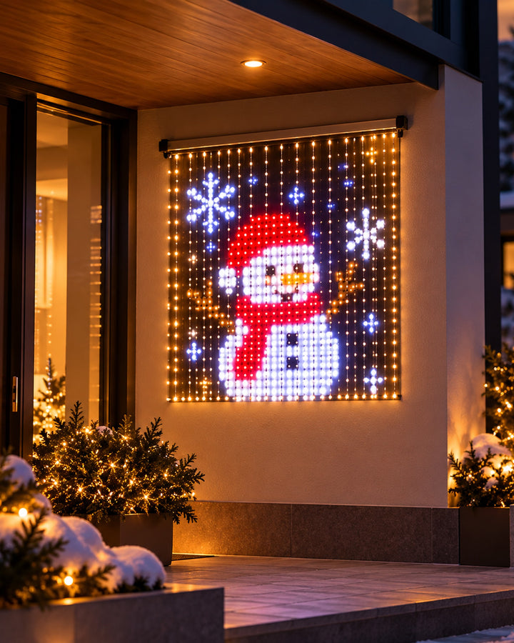 Smaller smart LED curtain light showing a snowman in a window at night