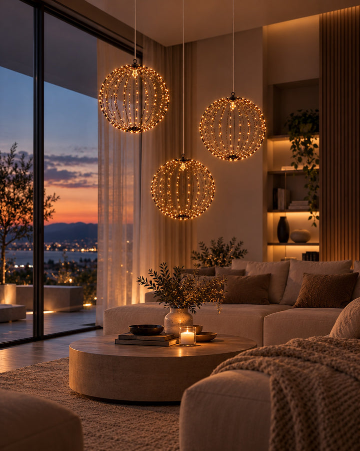 Three LED metal globe lights hanging in a living room at sunset