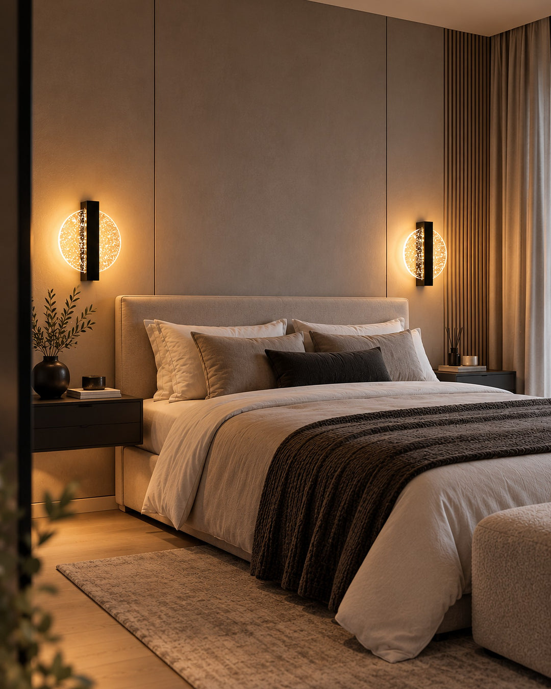 Pair of Luminous Halo LED wall lights on each side of a bed in a cosy bedroom