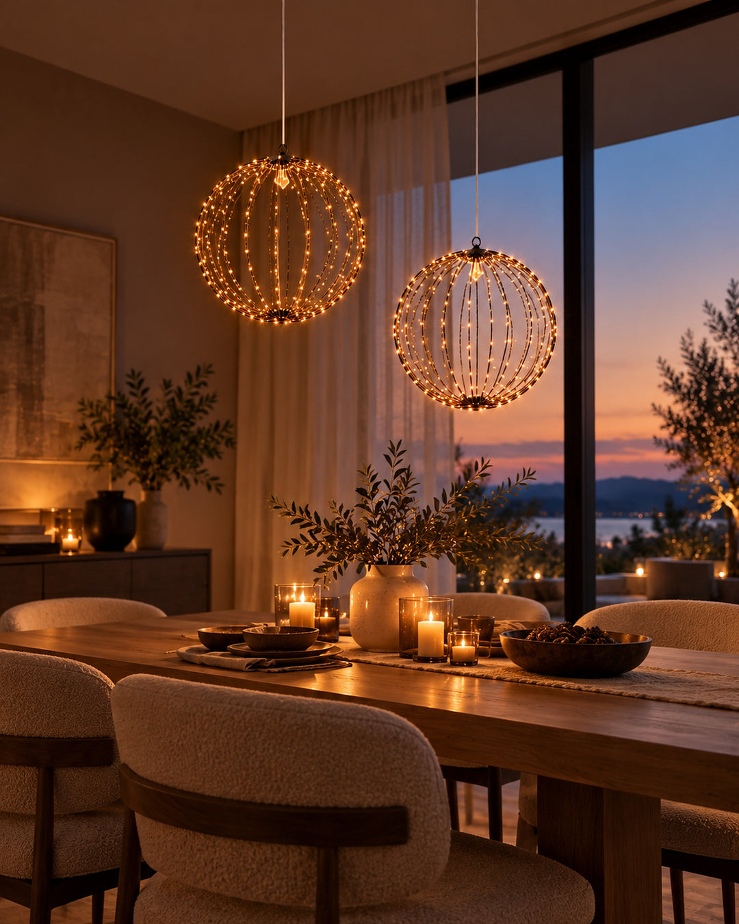 Two LED metal globe lights hanging above a dining table at sunset