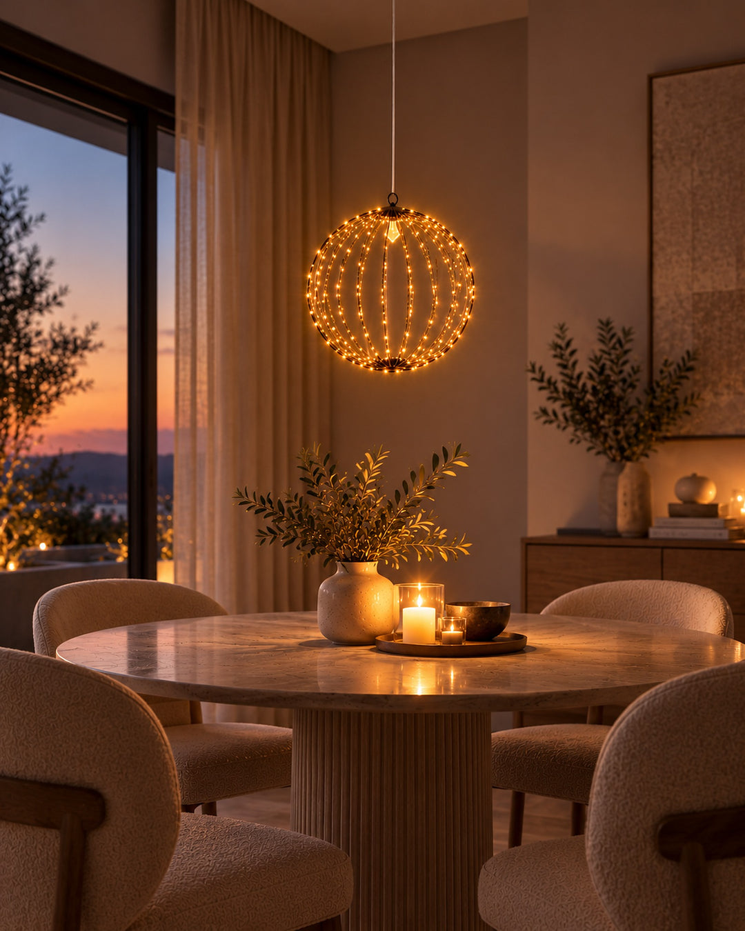 LED metal globe light hanging above a round dining table