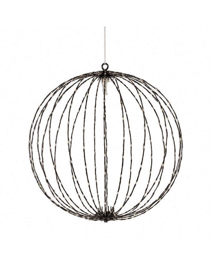 LED metal globe light with hanging wire on a white background