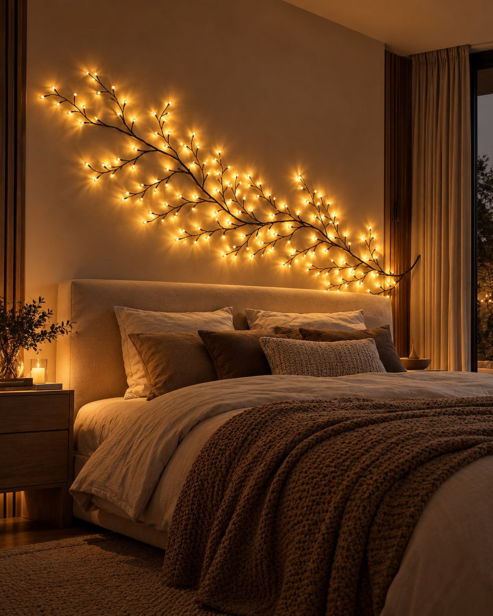 Willow vine light glowing warm white on the wall above a bed