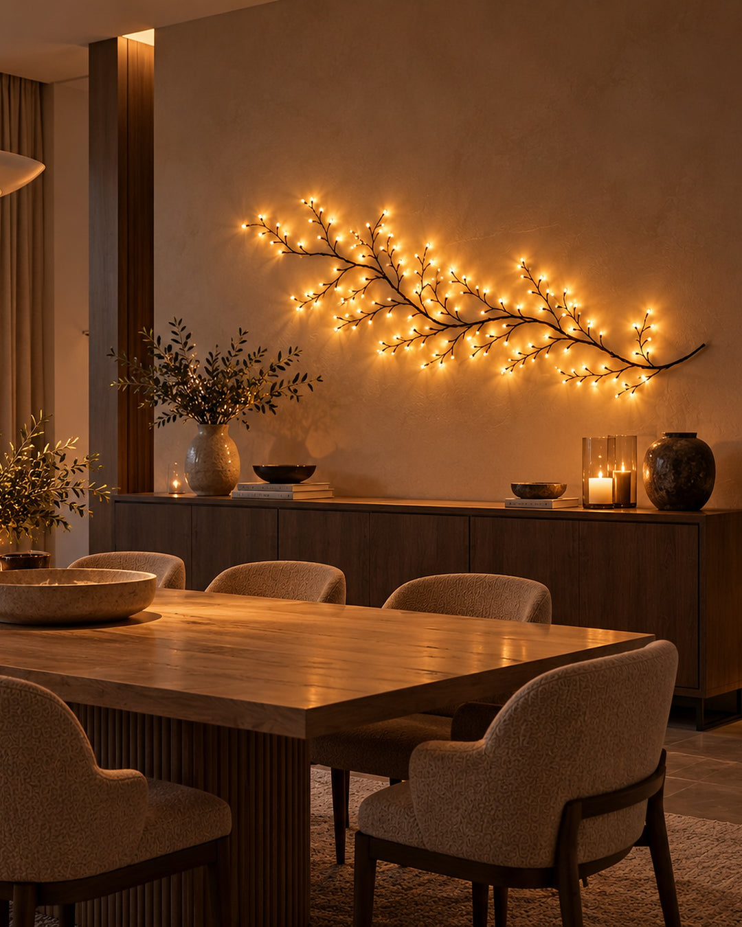 Willow vine light glowing on the wall above a dining room sideboard