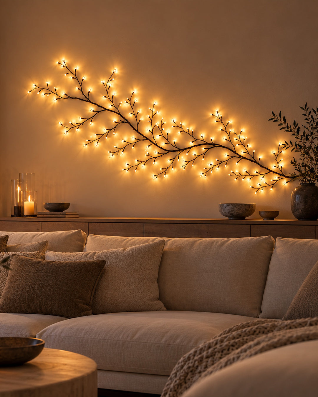 Willow vine light glowing on the living room wall above a sofa