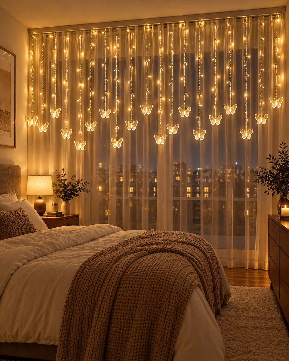 Butterfly curtain lights glowing warm white across a bedroom window