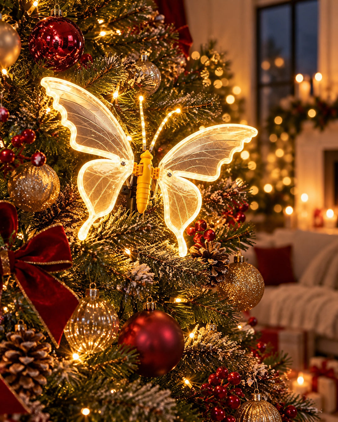 LED butterfly light glowing on a decorated Christmas tree, close-up