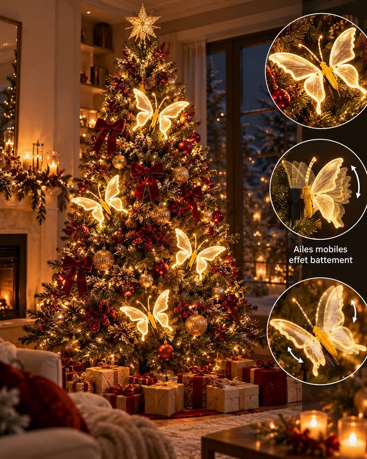 LED butterfly lights with moving wings on a decorated Christmas tree