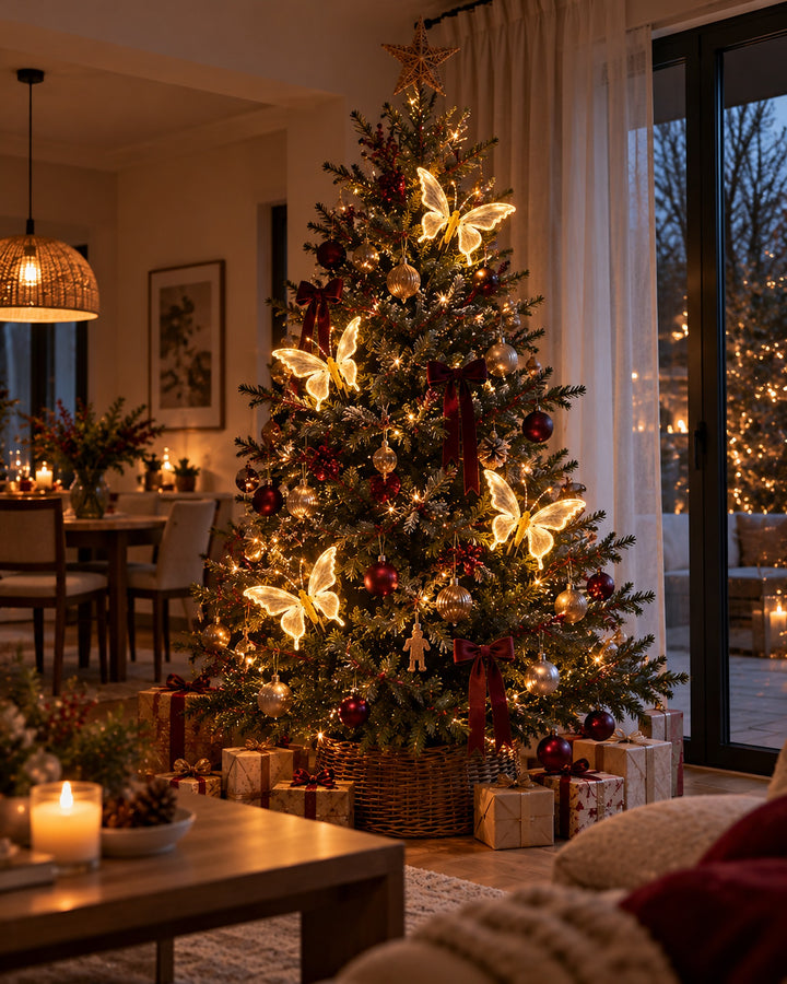 LED butterfly lights glowing on a Christmas tree in a living room