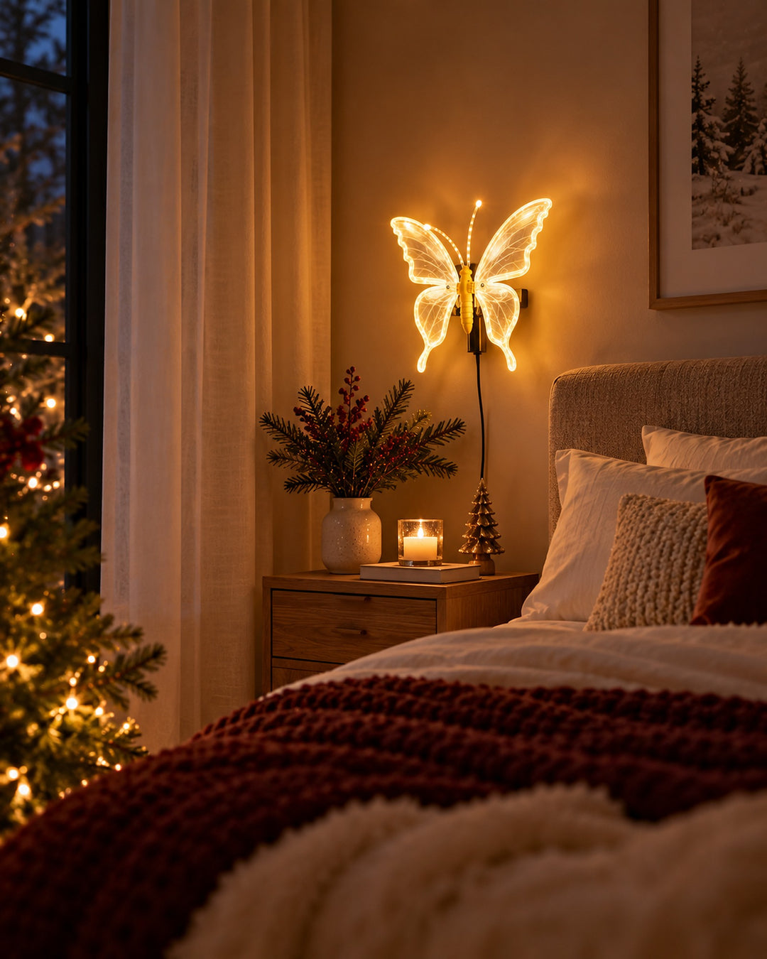LED butterfly light glowing on a bedroom wall