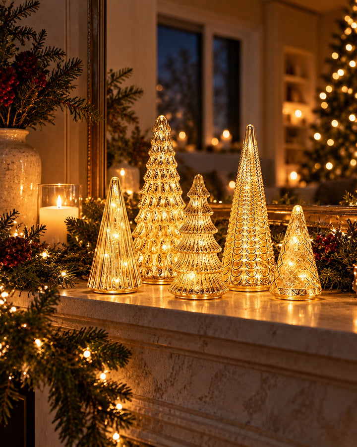 Gold mercury glass Christmas trees glowing on a marble mantel
