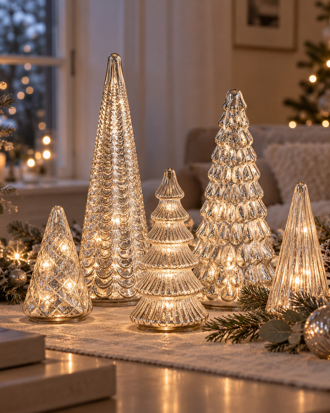 Silver mercury glass Christmas trees glowing on a coffee table