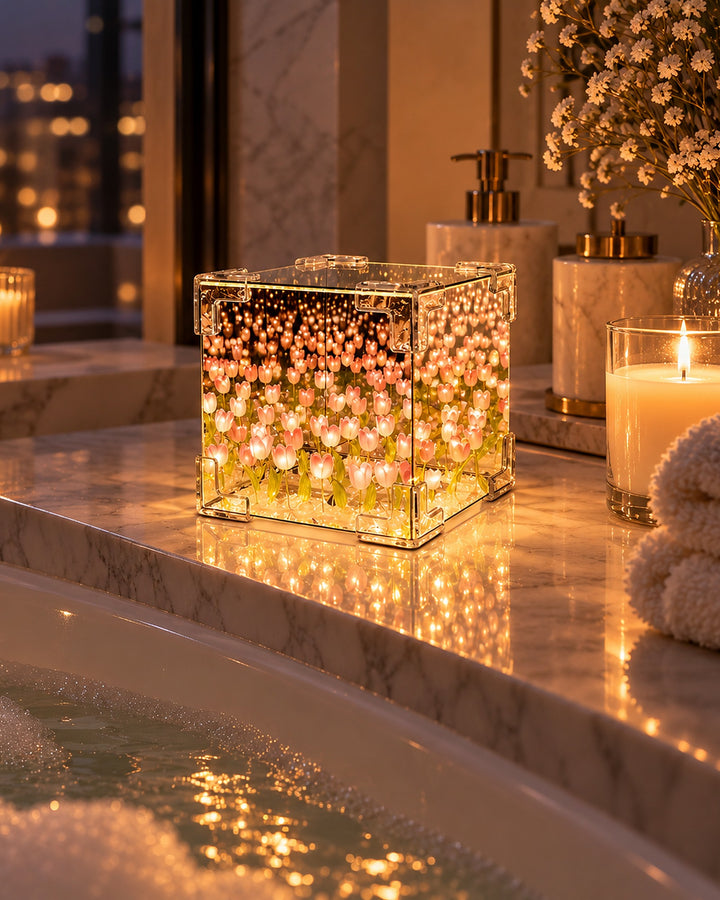 Pink tulip mirror cube lamp glowing on the edge of a marble bathtub