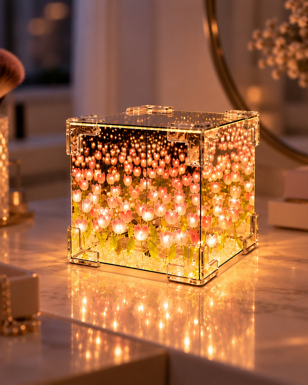 Pink tulip mirror cube lamp glowing on a vanity table