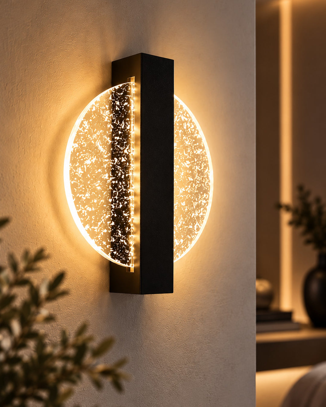Luminous Halo circular LED wall light detail with black bar and warm halo
