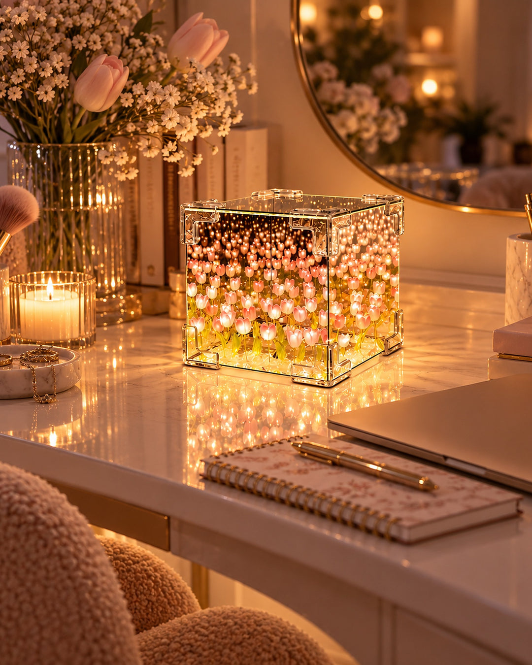 Pink tulip mirror cube lamp glowing on a desk beside a notebook