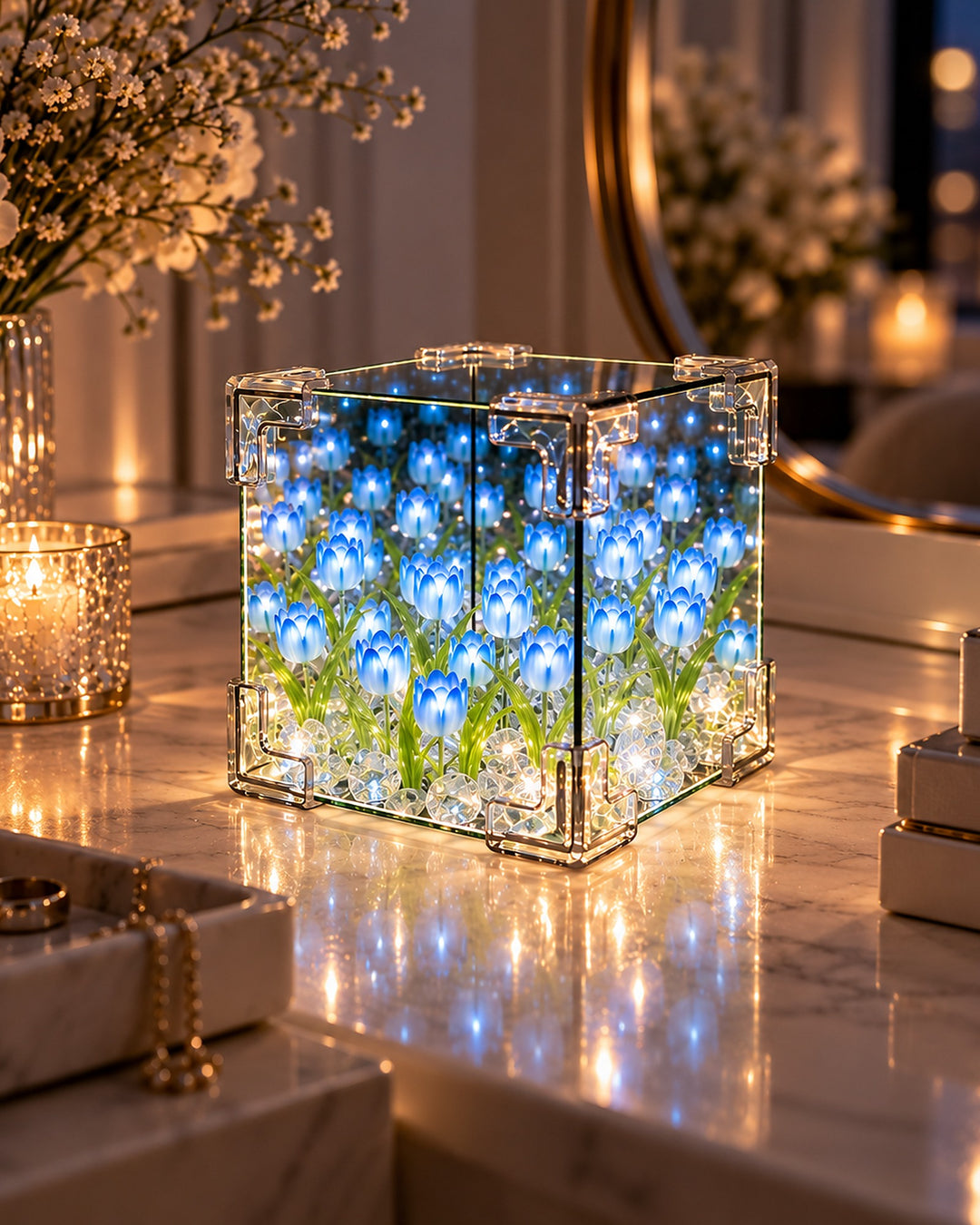 Blue tulip mirror cube lamp glowing on a marble vanity