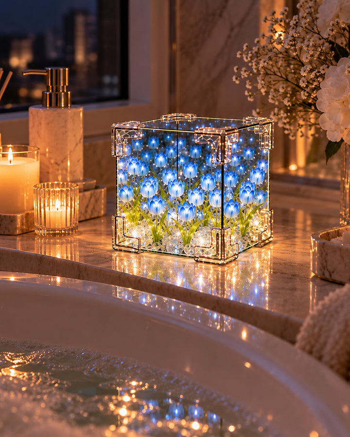 Blue tulip mirror cube lamp glowing beside a bathtub