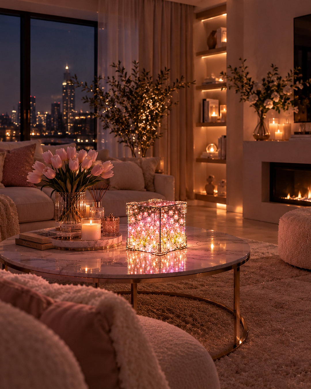 Pink tulip mirror cube lamp glowing on a coffee table in a living room at night