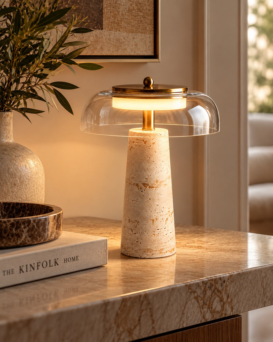 The Terrazza Travertine Table Lamp, Dimmable Glass Dome