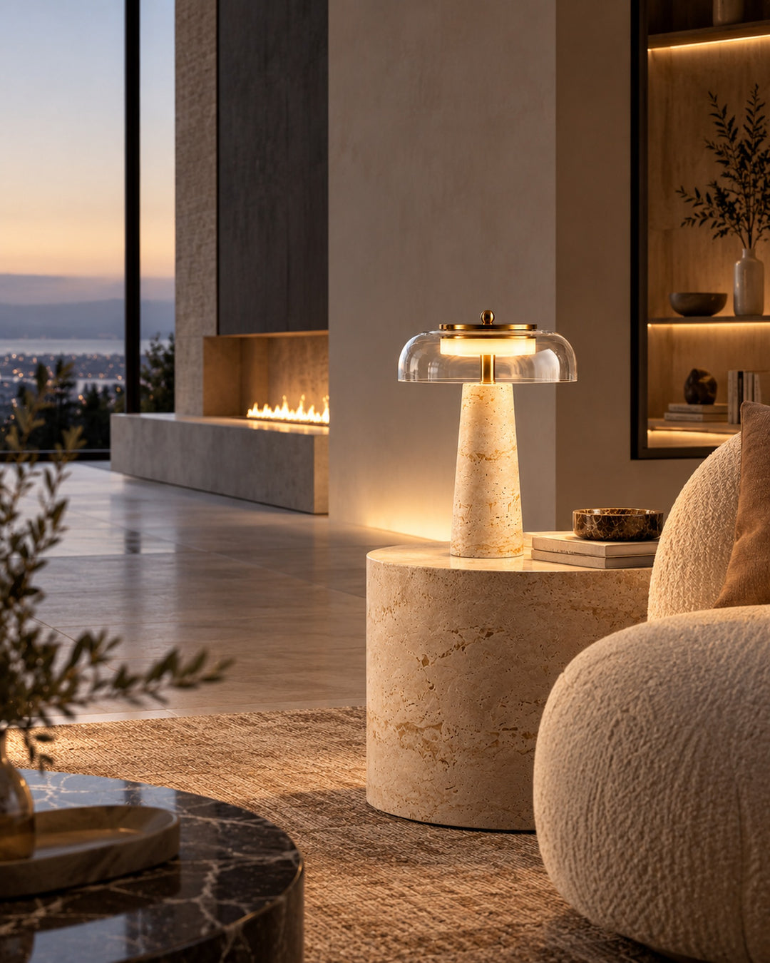 The Terrazza Travertine Table Lamp, Dimmable Glass Dome