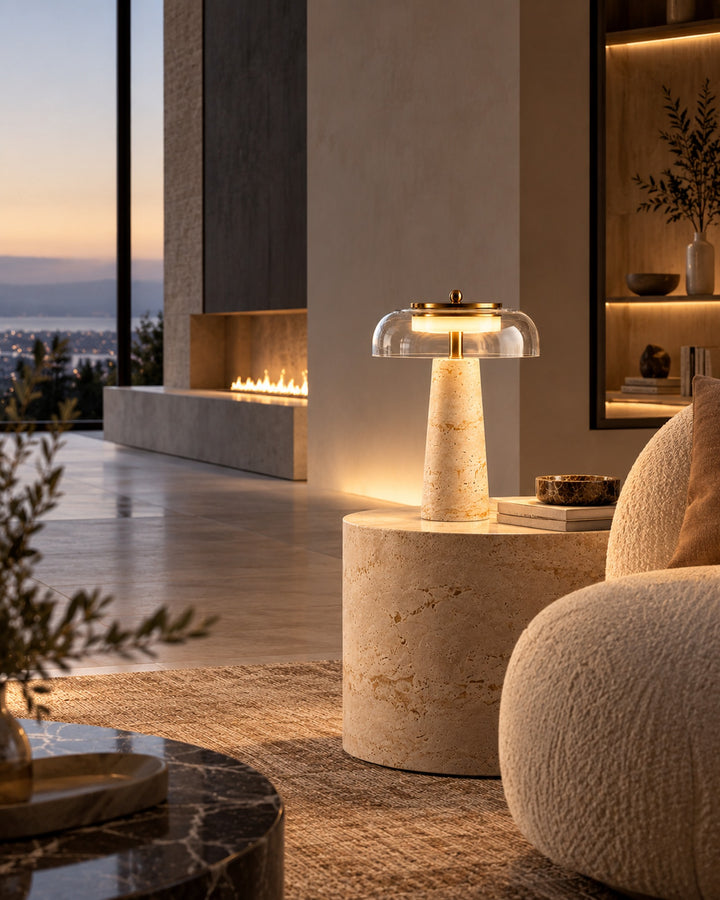 The Terrazza Travertine Table Lamp, Dimmable Glass Dome